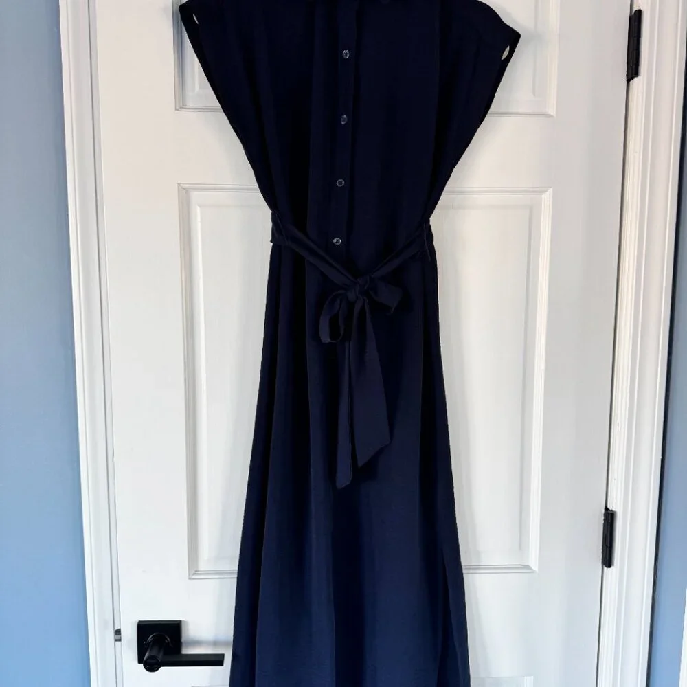 DKNY Navy Midi Shirt Dress Size 2 Belted Button Front Sleeveless Minimalist - Picture 2 of 10